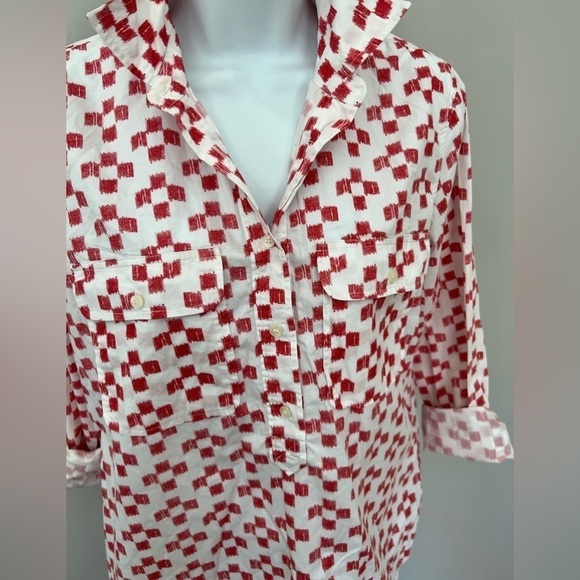 Madewell red and white patterned long sleeve collared pop over top size small - Picture 5 of 8